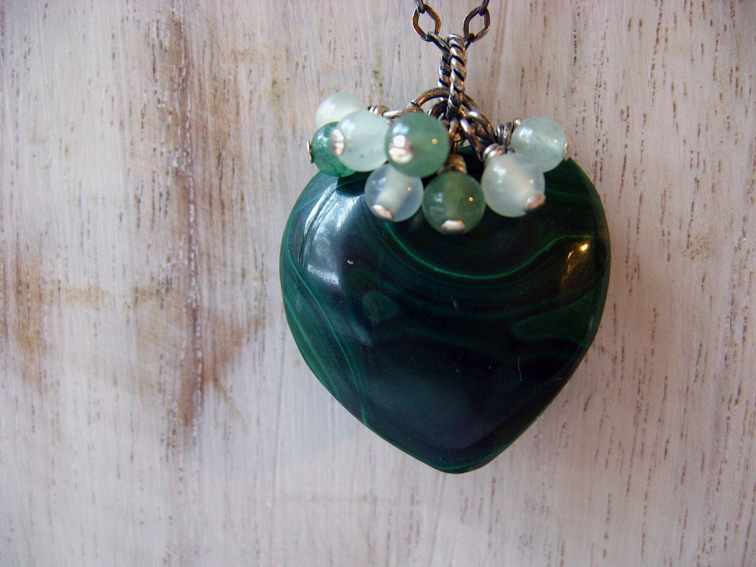 Malachite Heart Pendant - Dark Green Gemstone Necklace - Green Jade Dangles - Vintage - Valentines Day  - Gift Box