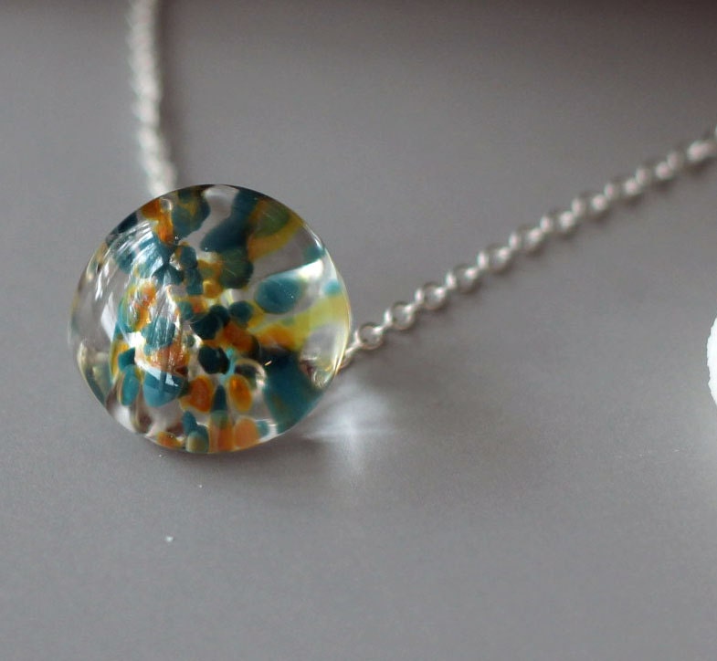 Unicorne Jumbo TearDrop Pendant - Whimsical - Boro Glass Tear Drop Necklace - Teal Blue, Orange, Clear - OOAK - Ocean, Beach - Gift Box