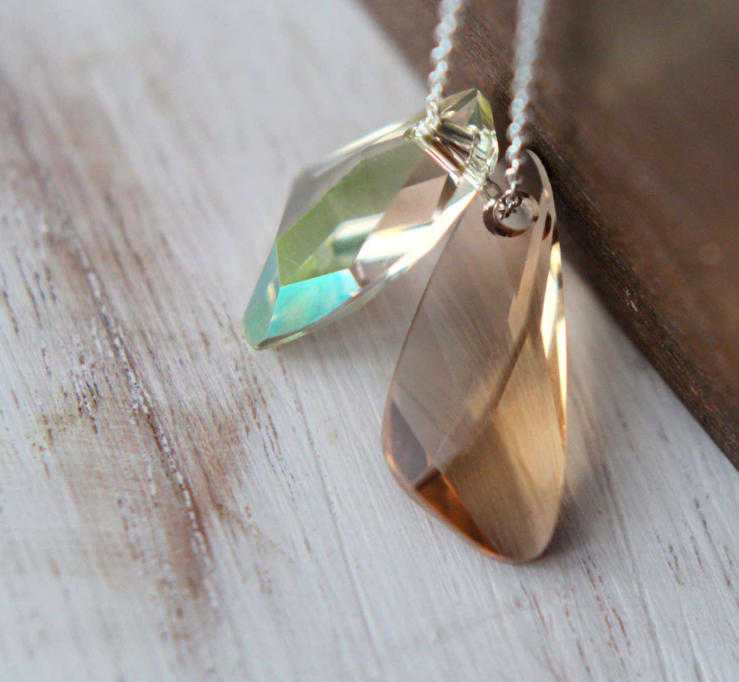 Swarovski Crystal Drops Pendant - Copper Brown Faceted Wing - Iridescent Yellow Green - Sterling Silver - Summer Meadow - Gift Box
