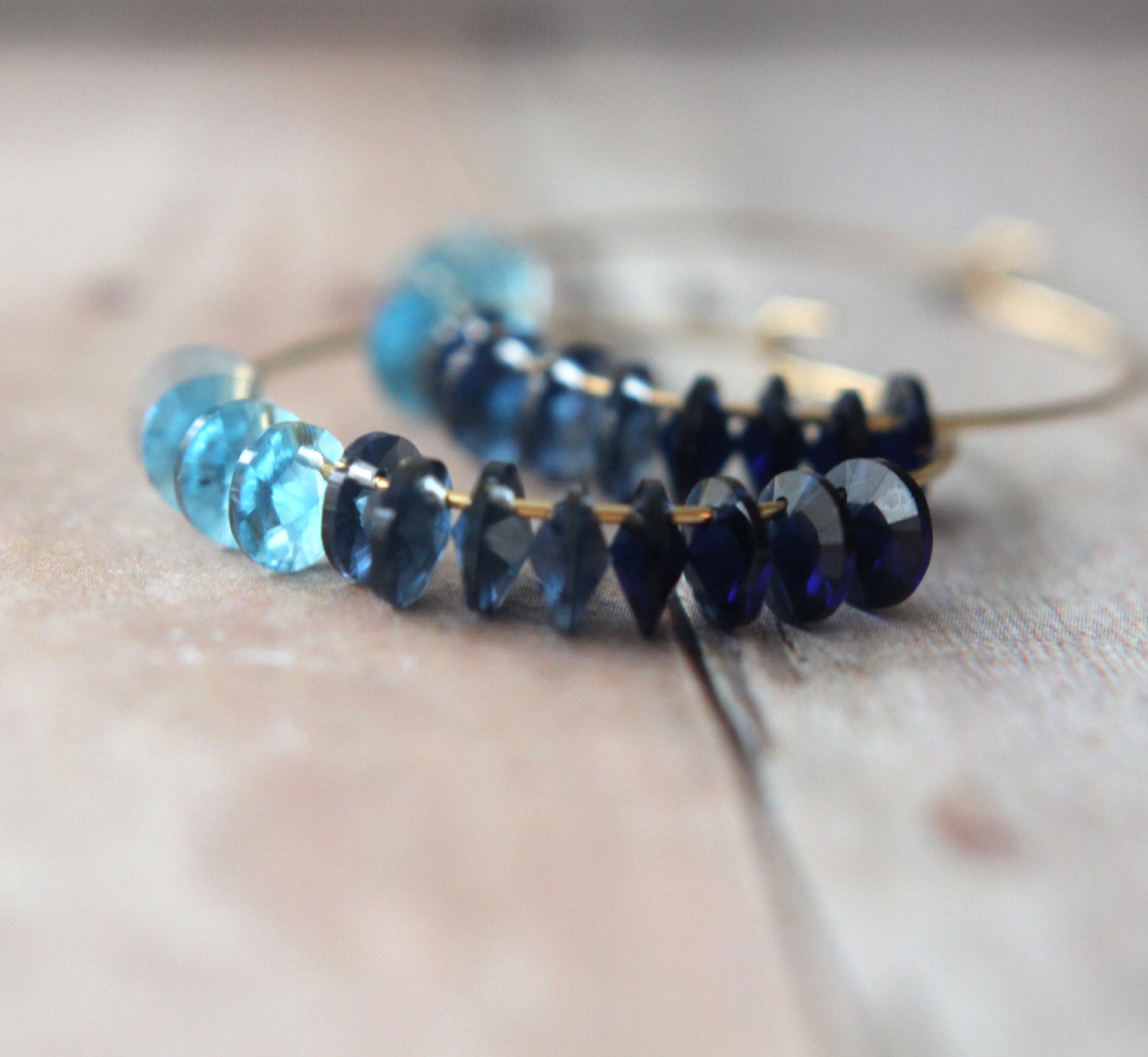 Ombre Blue Hoop Earrings - Swarovski Crystal Rivolis - Gold Brass Ear Hoop - Turquoise, Montana and Indigo Blue - Gift Box