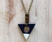 Triangle Pendant - Geometric Circles, Cubes, Squares - Raw Brass - Indigo Blue Patina with White Dip - Gift Box