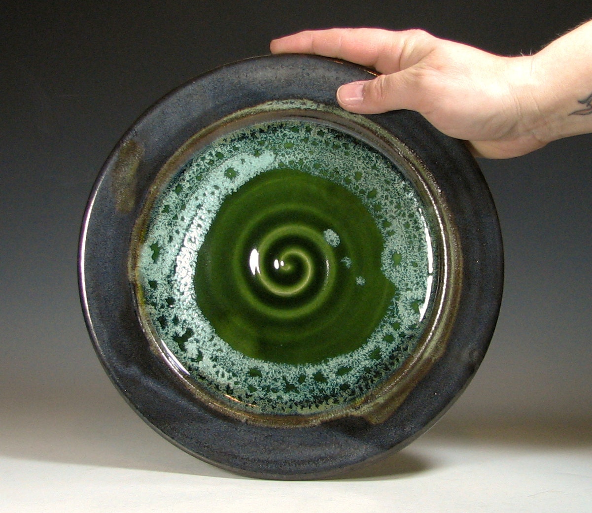 Plate dinner, ceramic dish stoneware platter, glazed in green gray,  handmade by hughes pottery
