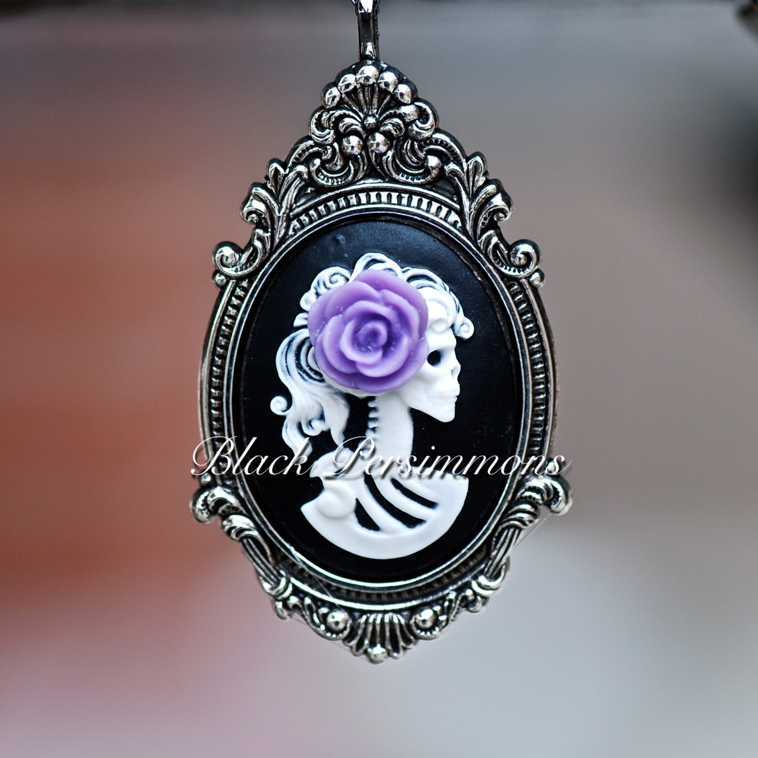 NEW - Miss Skeleton Antique Silver Metalized Ornate Victorian Necklace - Snow Black Lolita Skull Skeleton Girl Cameo 40x30mm