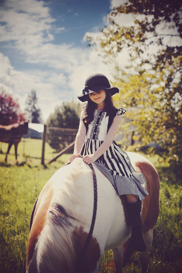 Girls Vintage Equestrian Inspired Black and White Striped Duchess Dress... Sizes 2T through 14