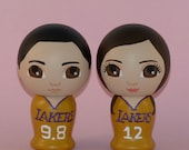 Custom Wedding Cake Toppers Hand Painted on Wooden Kokeshi Dolls with Basketball Jerseys