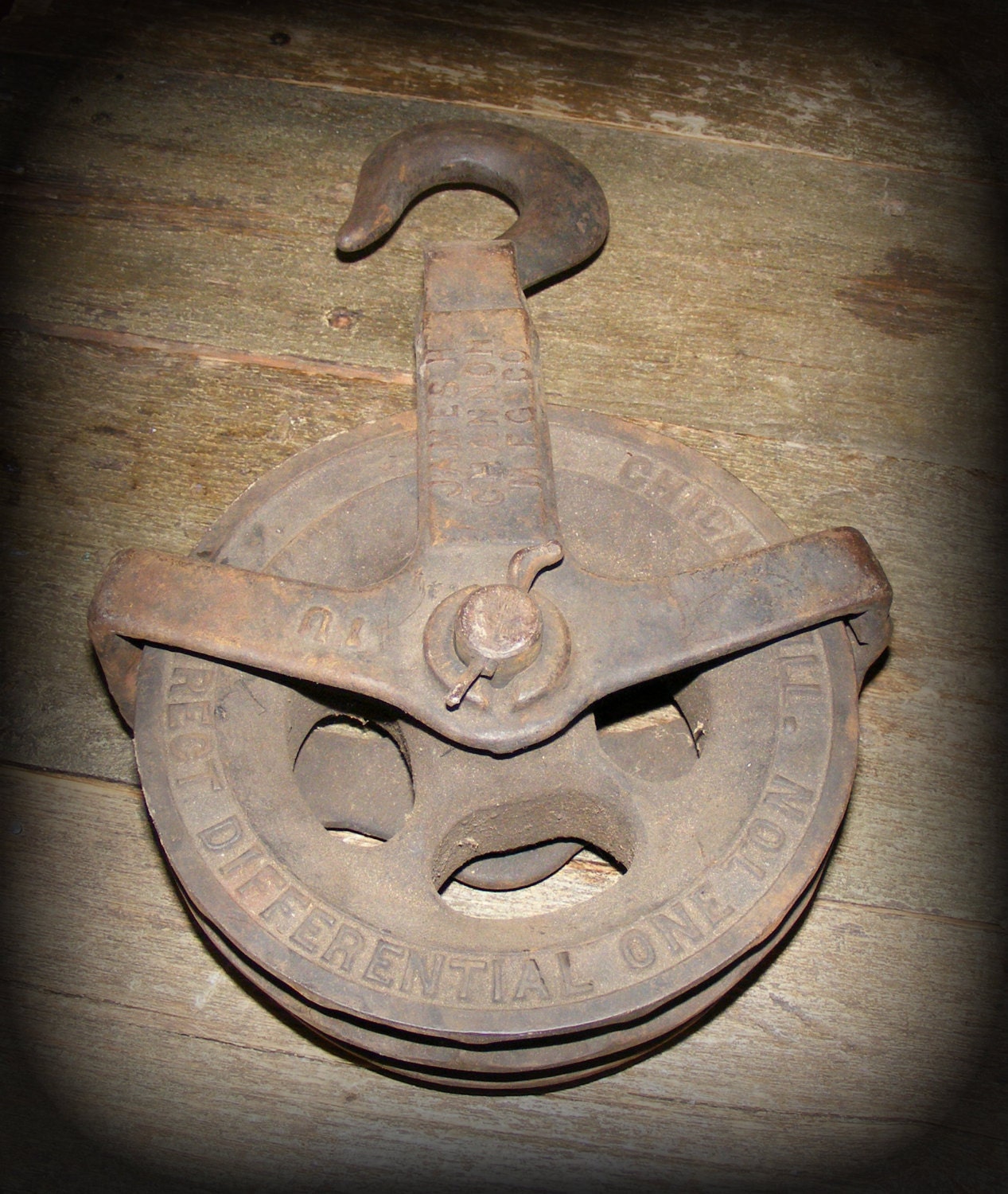 Antique Large James H Channon Cast Iron Industrial Pulley Wheel Chicago Block and Tackle