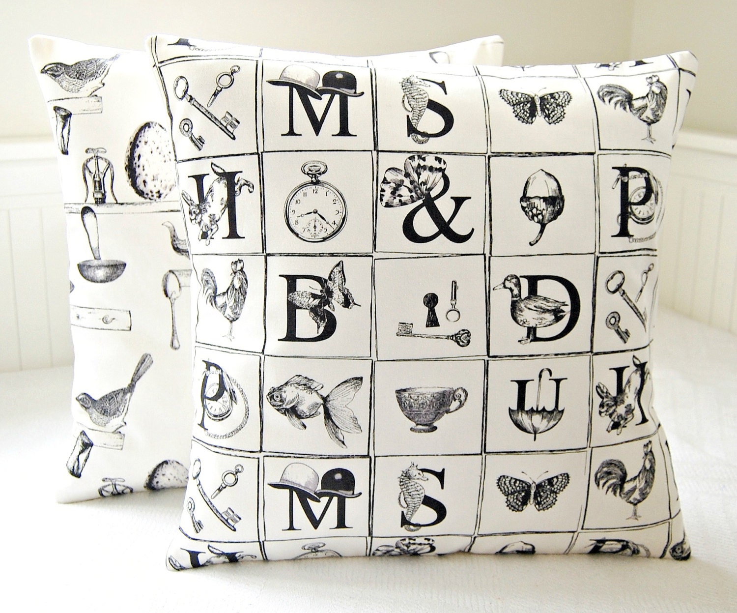 decorative pillow cover antique style grey black prints , birds fish watch key butterfly cushion cover 18 inch