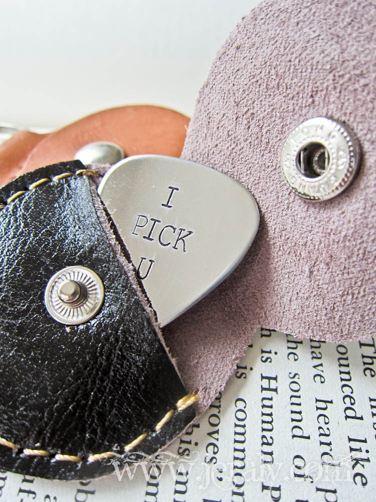 Hand Stamped Personalized Guitar Pick - Custom Stamped Stainless Steel with Name - ONE Pick & Keychain Pouch