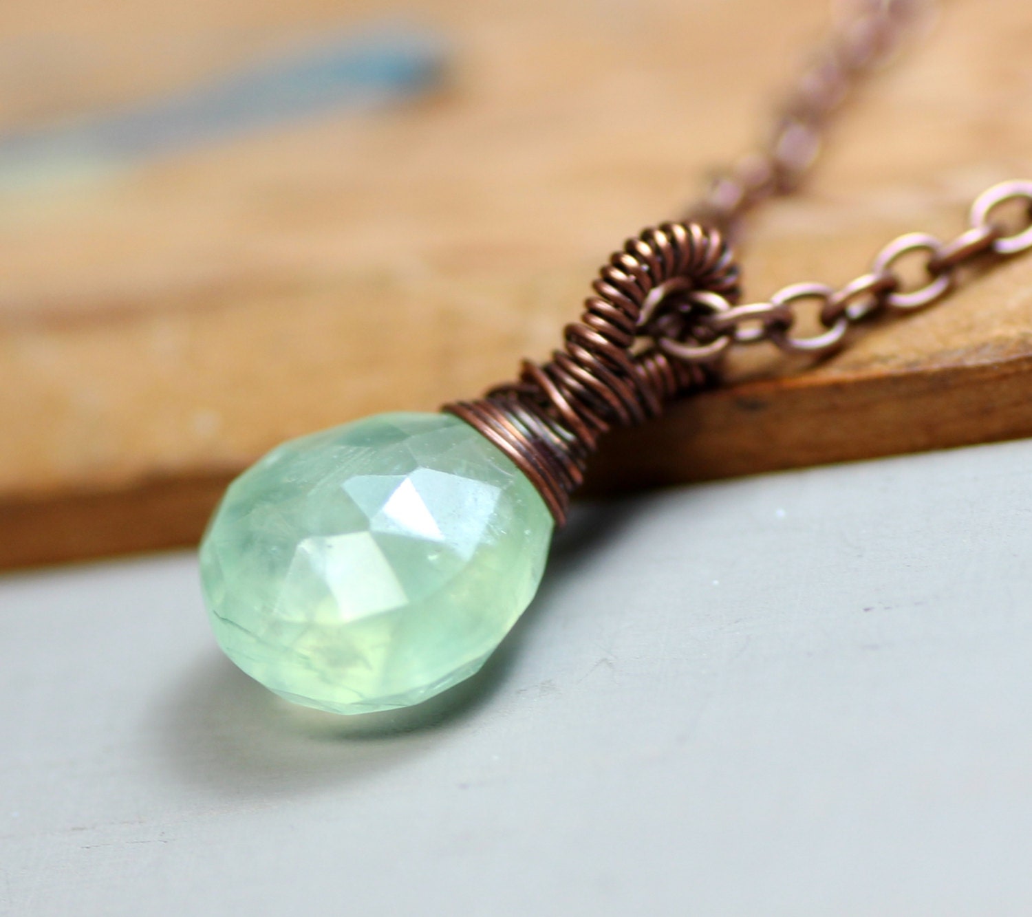 Green Prehnite Necklace Green Gemstone Necklace Rustic Copper Wire Wrapped Necklace Briolette Pendant Necklace Fall Fashion Jewelry
