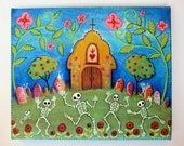 Dancing in the Churchyard - an original dancing skelly painting