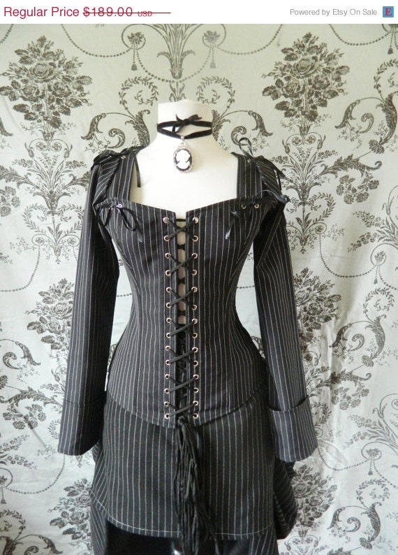 Clearance Pinstripe overbust corset-steel boned corset in Freyja style-to fit 28-30 inch natural waist