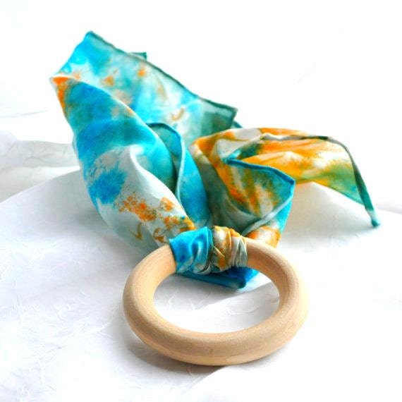 Teething Ring, Custom Dyed Silk / Baby Natural Toy - Waldorf Toy