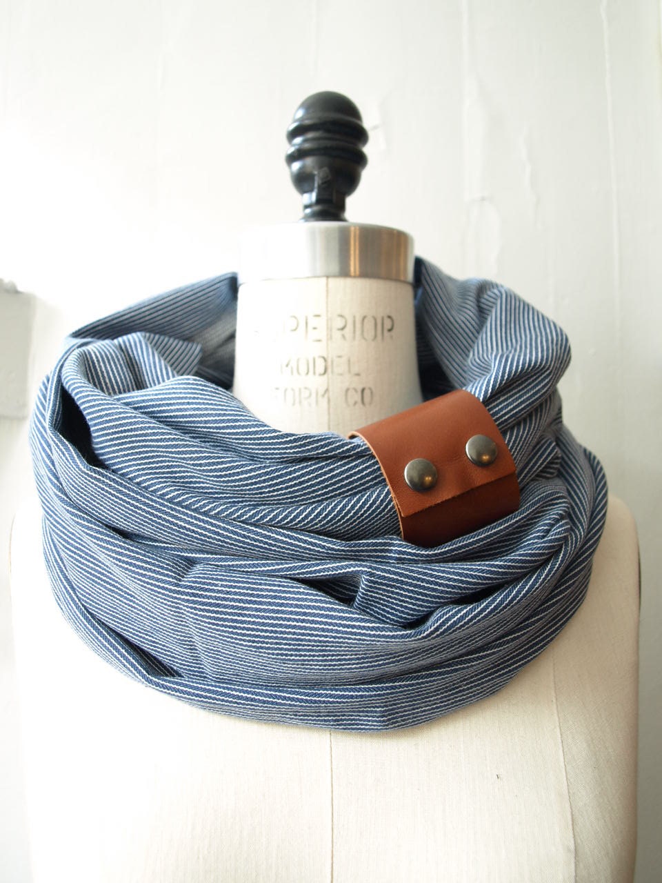 Chunky striped blue denim  circular infinity scarf