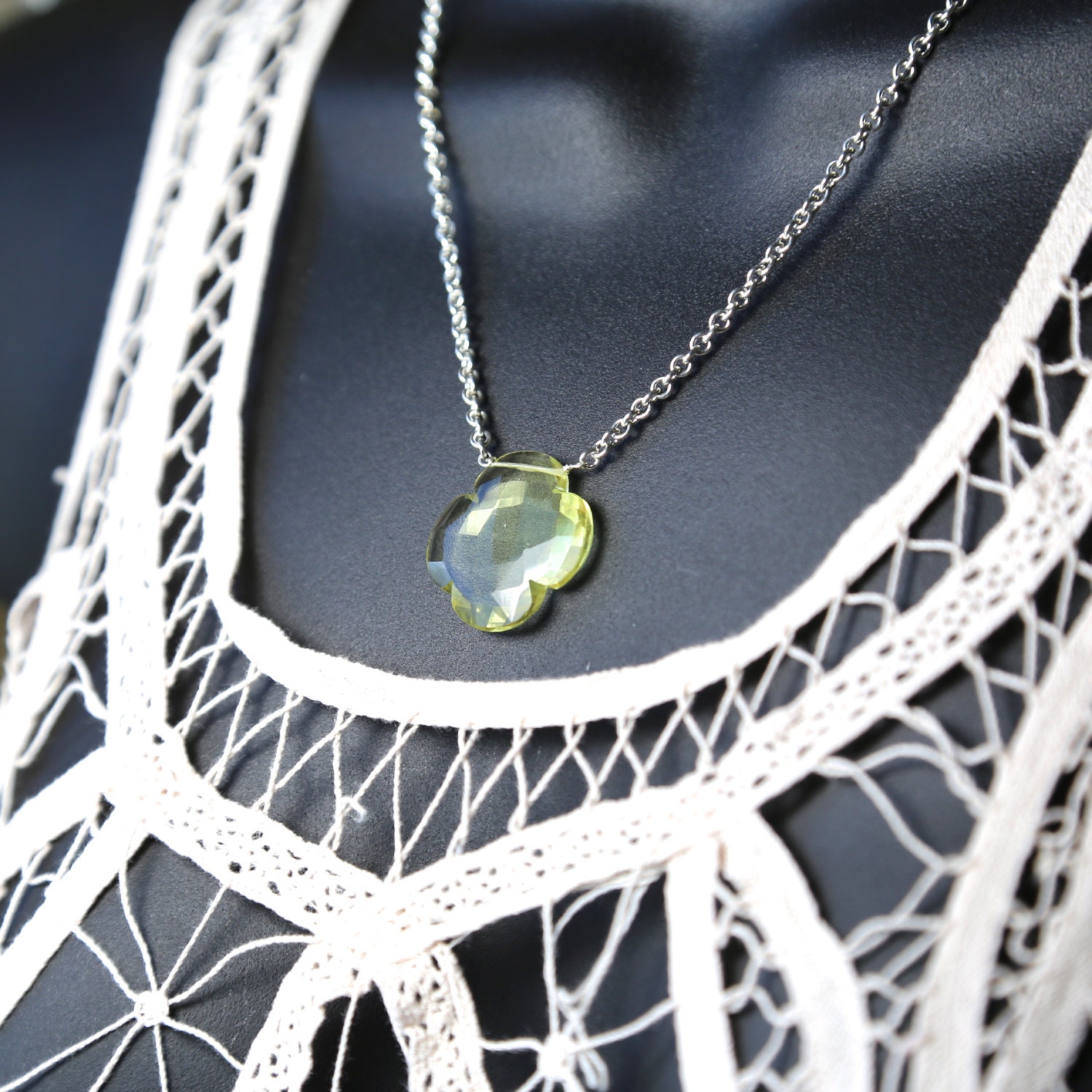 Gemstone Clover Necklace, Handmade, Pendant, Charm, Exclustive Designer Lucky Clover AAA Lemon Quartz Pendant, Rollo Sterling Silver Chain