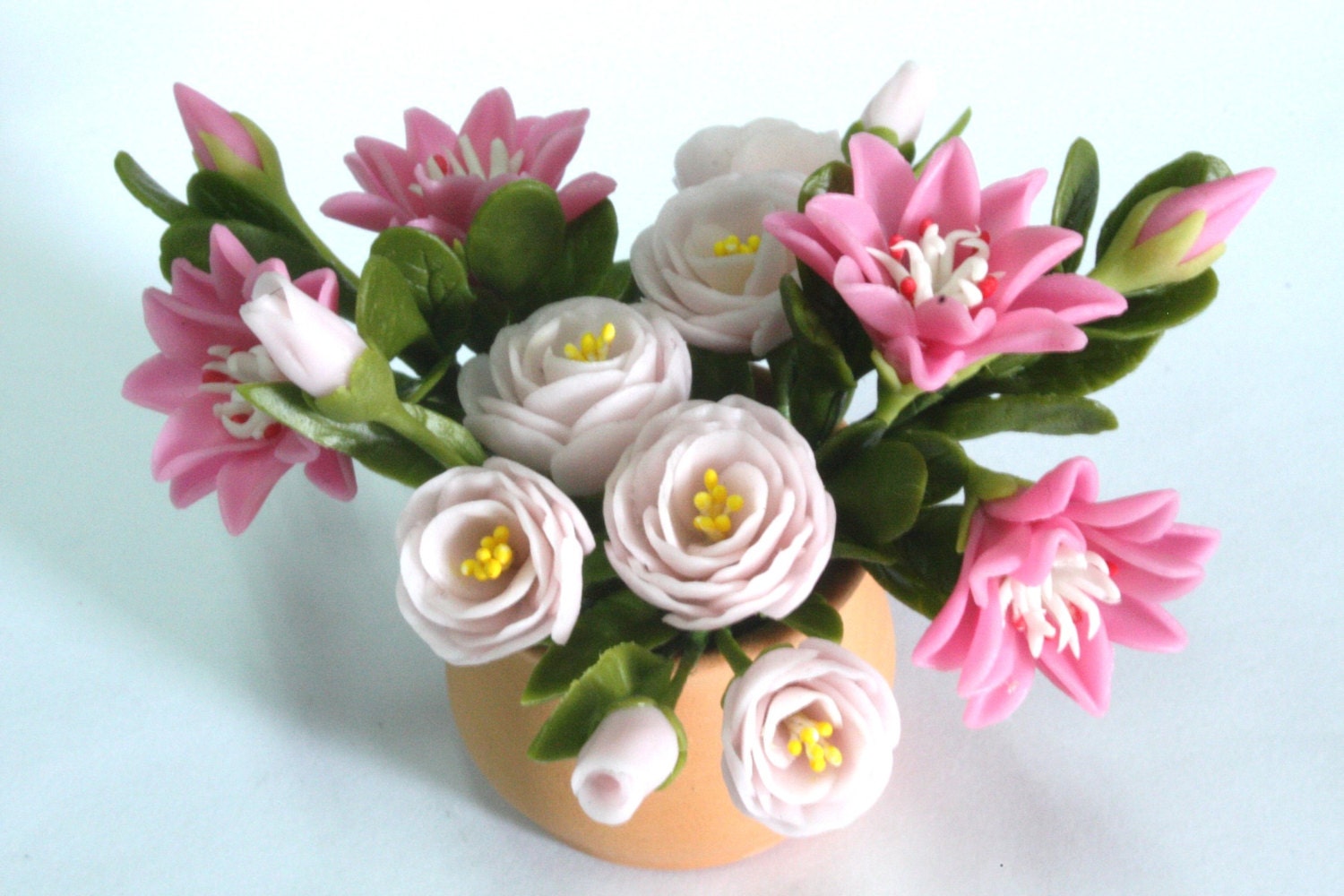 Miniature Polymer Clay Flowers Handmade Supplies Bitterroot and Peony Flowers 1 pcs