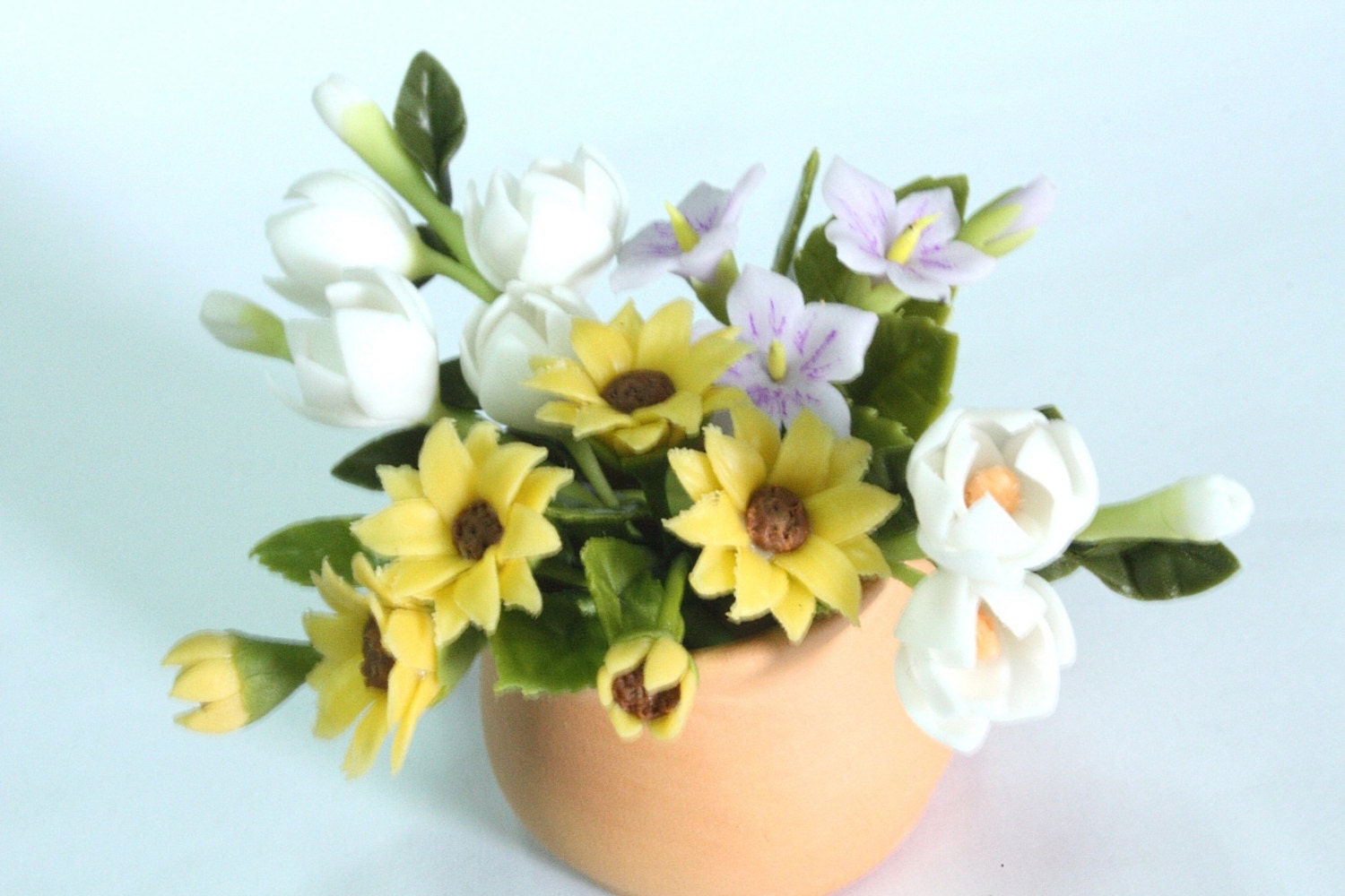 Miniature Polymer Clay Flowers Handmade Supplies Magnolia, Sunflowers and Wood Violet 1 pcs