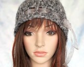 Handmade Hat - Crocheted Cloche Hat - Thick Fuzzy Soft Gray with Gray Mesh Ribbon - Soft Warm Cozy Fuzzy Variegated Graytones Feminine