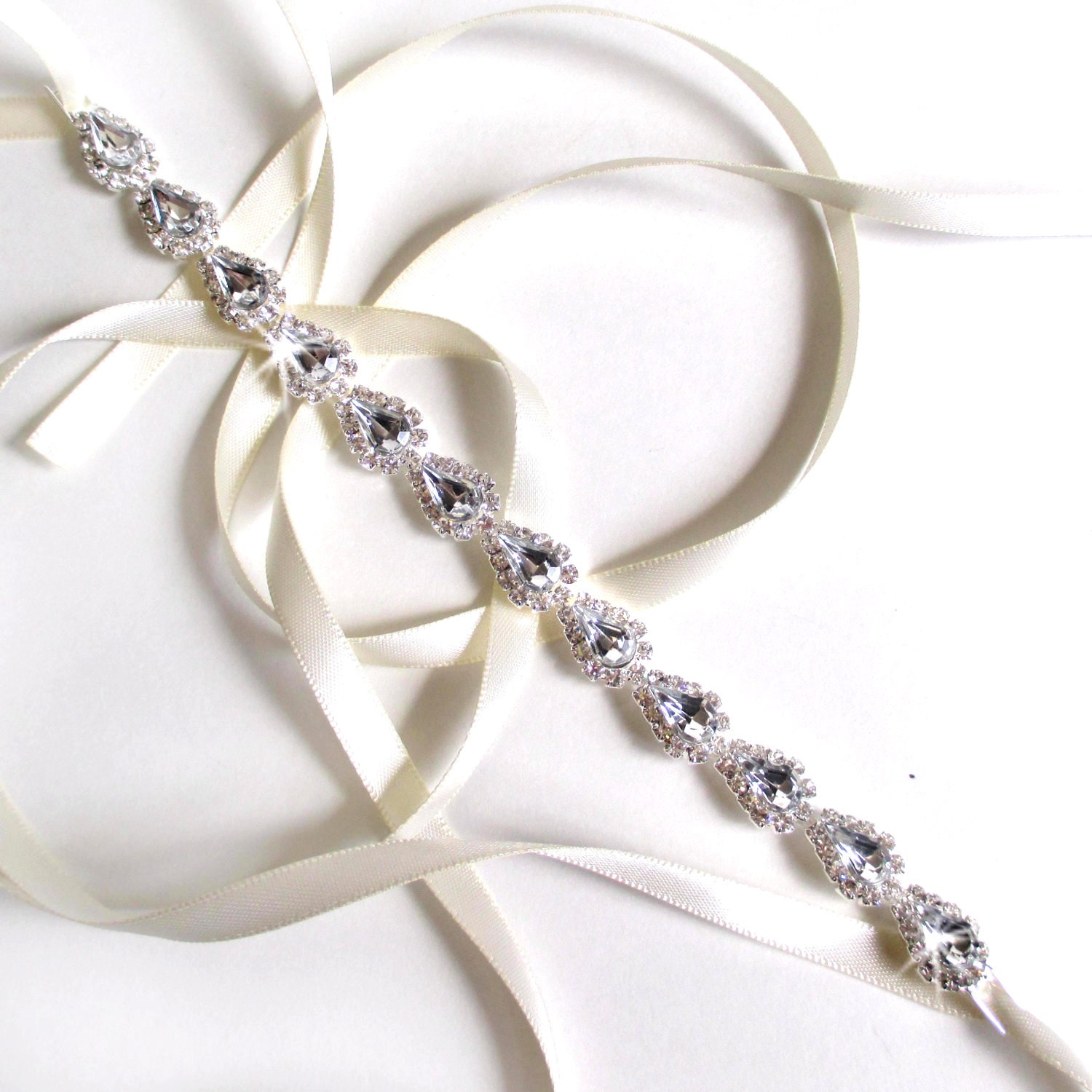 Teardrop Rhinestone Bridal Headband - White or Ivory Satin Ribbon - Silver and Crystal - Thin Wedding Dress Belt