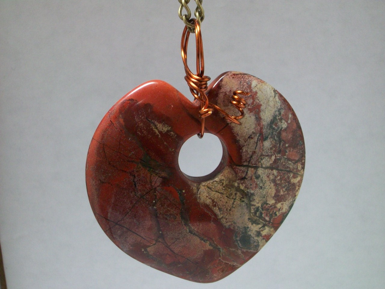 Pendant..... necklace jewelry pendant heart rainbow jasper 2 inch copper color wire wrap handmade supplies or finished piece