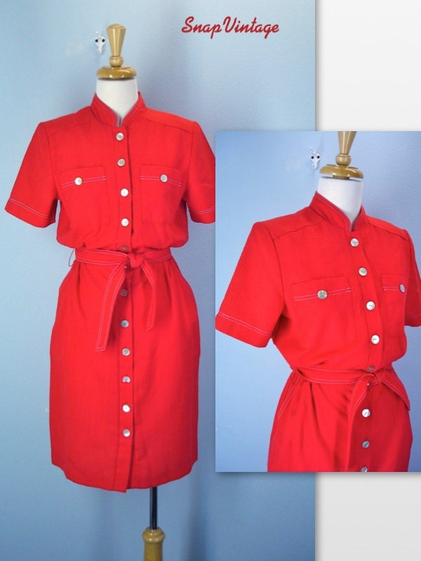 70s Red Dress / Topstitched Red Dress / Red Shirt Dress / s-m