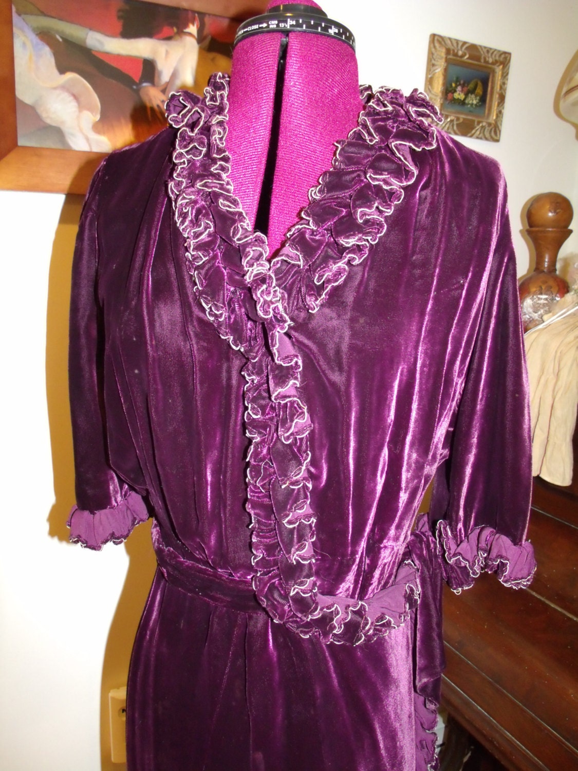 30's Deep Purple Maroon Velvet Wrap Dress Robe