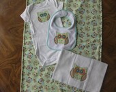 Baby Gift Set Owl applique four piece set onesie bib burpcloth blanket with green brown blue flannel