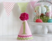 Pink and green gingham fabric birthday hat, party hat, cake smash photo prop, 1st birthday hat