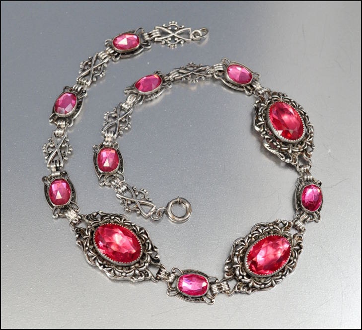 Art Deco Necklace Vauxhall Glass Silver Filigree Vintage 1920s Art Deco Jewelry Rose Pink