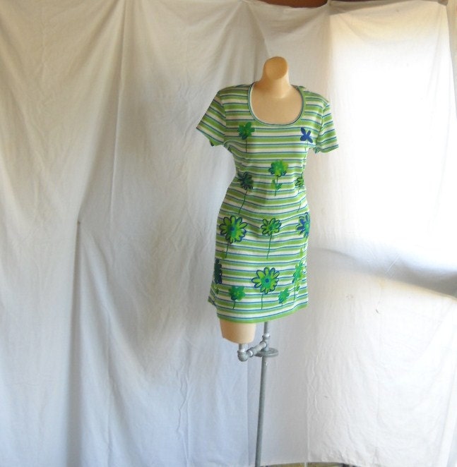Vintage Dress Striped Mod Dress Floral Mini Dress Flowers Flirty Dress Scoop Neck