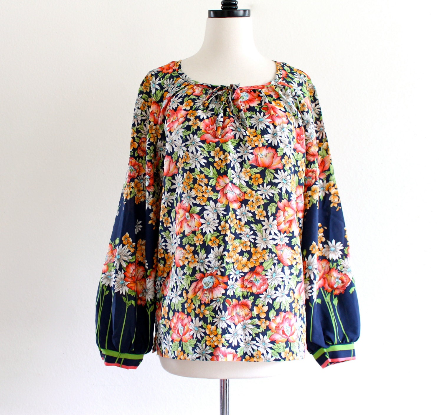 70s Alex Colman Floral Hippie Boho Festival Mod Bell Sleeve Blouse Shirt Top . D102 . No.293.5.2.13