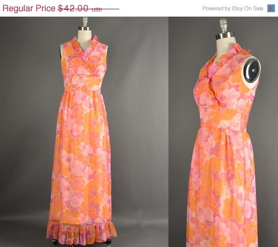 25% Off Sale Vintage 1960s Dress, 60s Dress maxi floral chiffon ruffle party dress pink orange