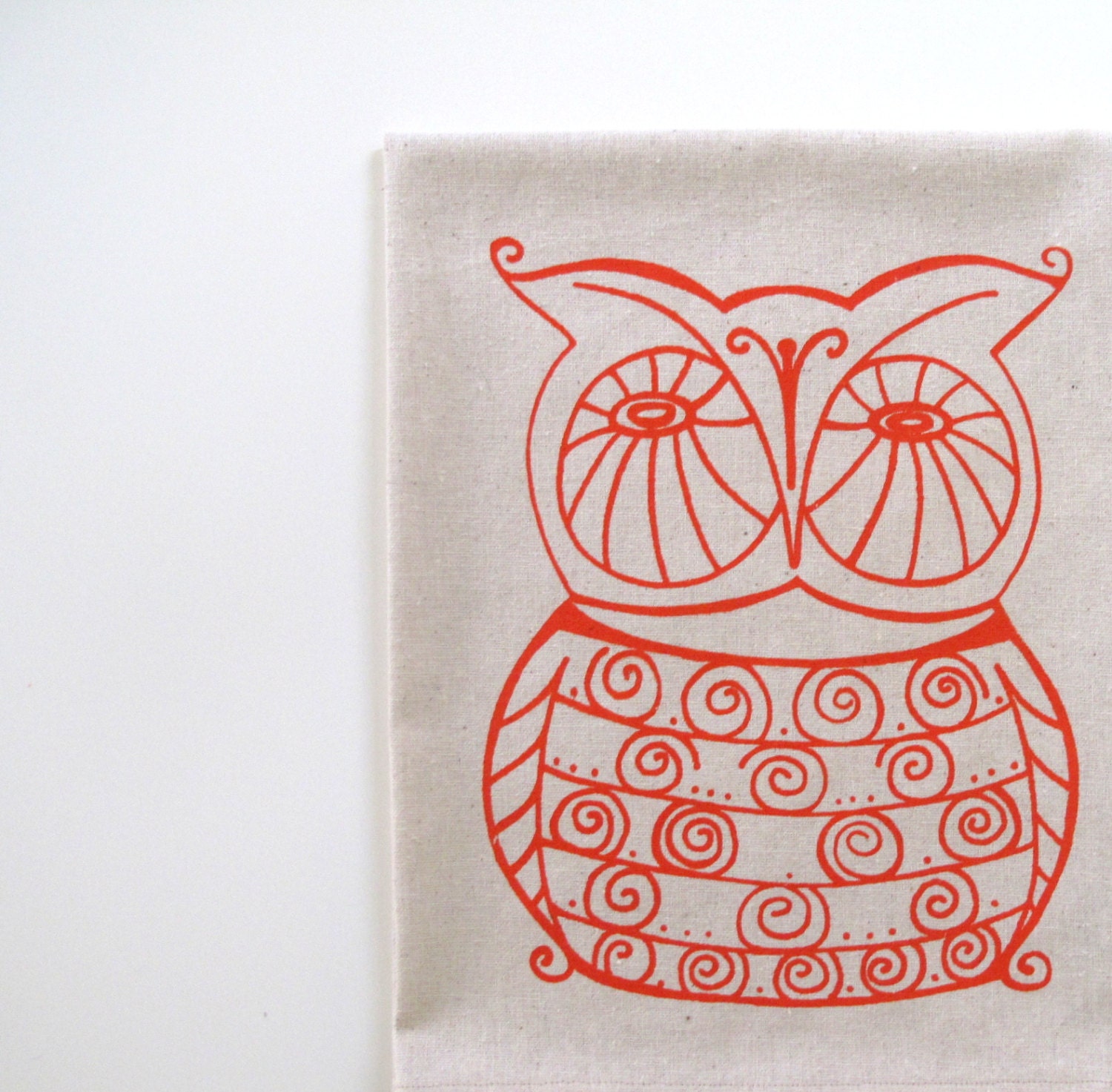 Cotton Kitchen Towel - Orange Owl on Natural Cotton