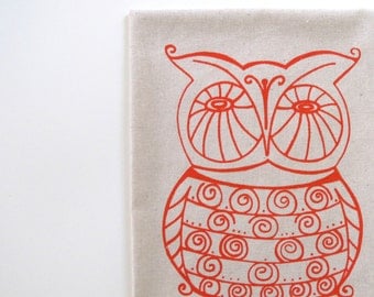 Cotton Kitchen Towel - Orange Owl on Natural Cotton