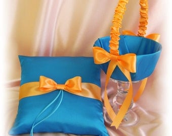 Weddings Pillow Basket - Turquoise Orange Ring Bearer Pillow Flower Girl Basket - Creamsicle Orange - Tangerine - Ceremony Decor