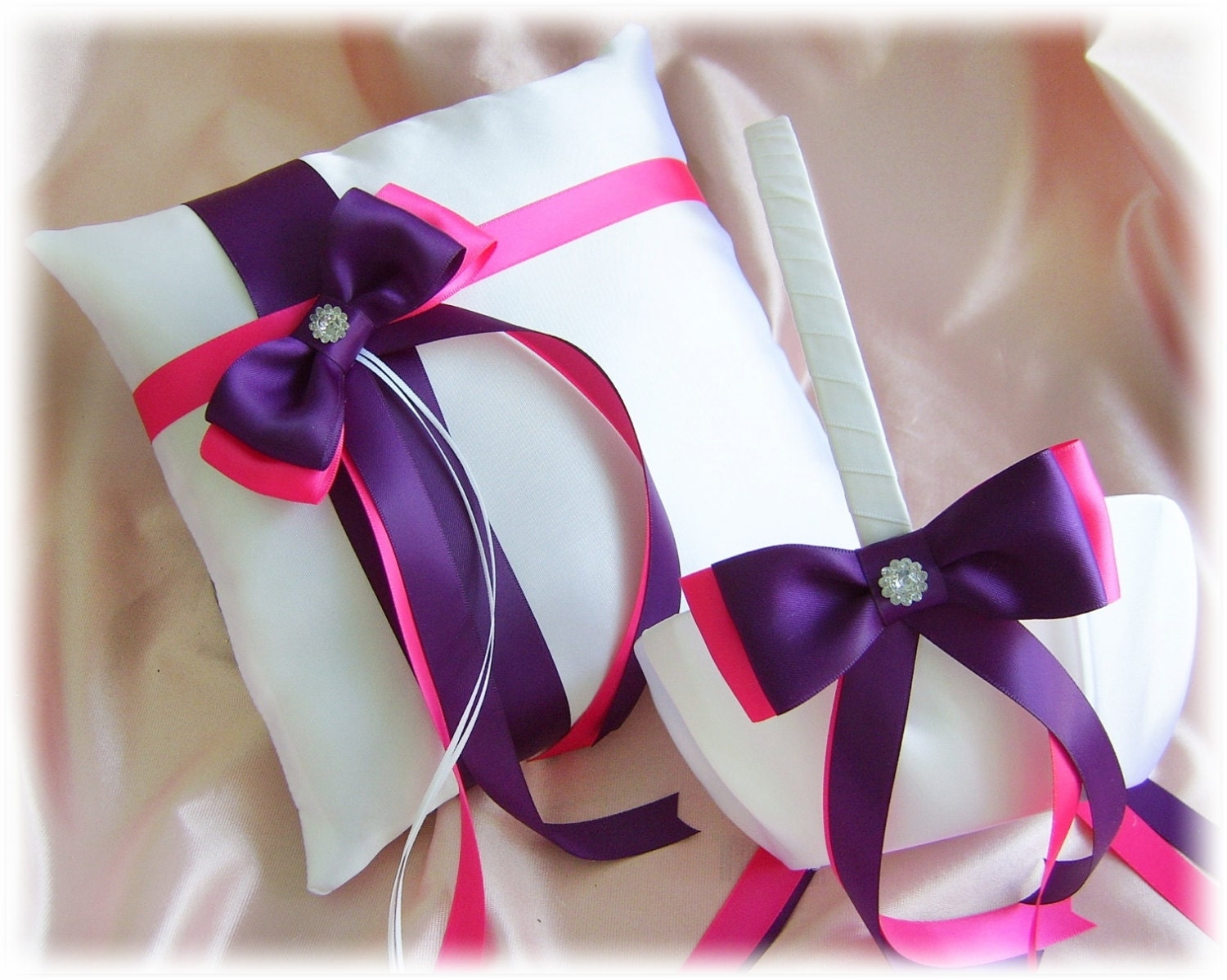 Weddings ring pillow and baskets, deep purple hot pink ring bearer pillow and flower girl basket