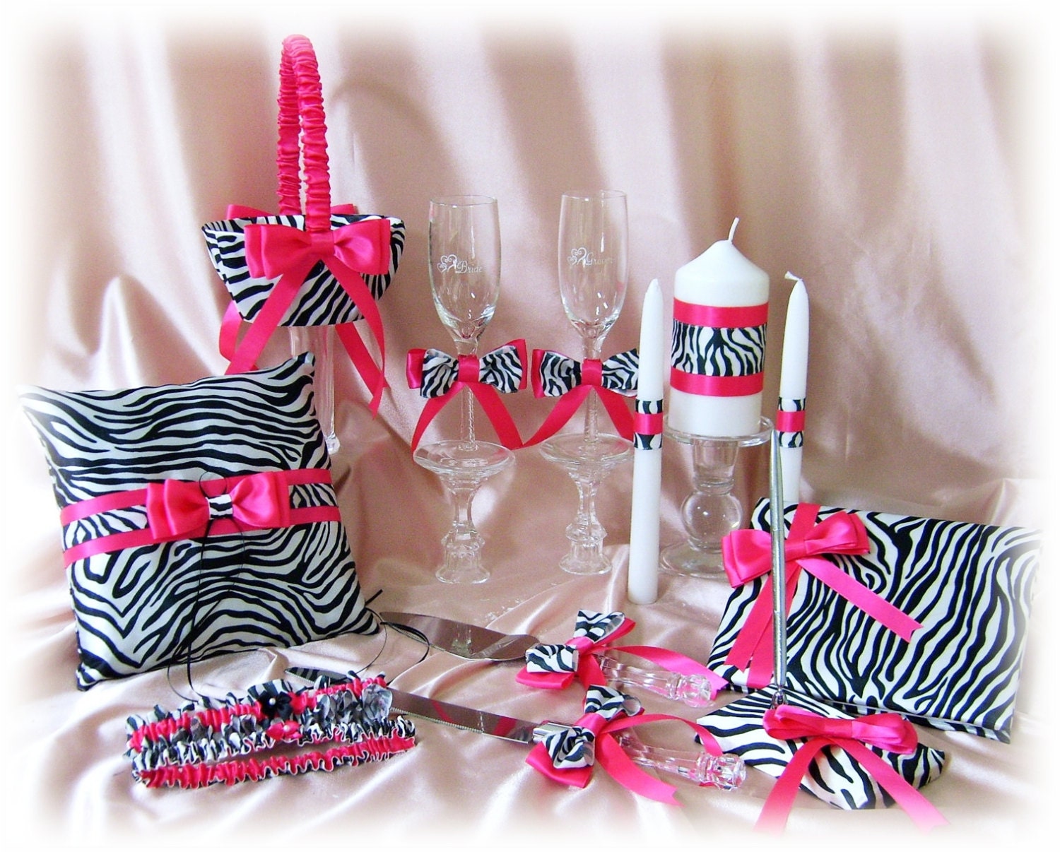 Zebra Wedding Ring Pillow, Flower Girl Basket, Guest Book, Garter Set, Unity Candle, Cake Set, Flutes 14pc Set Zebra and Hot Pink