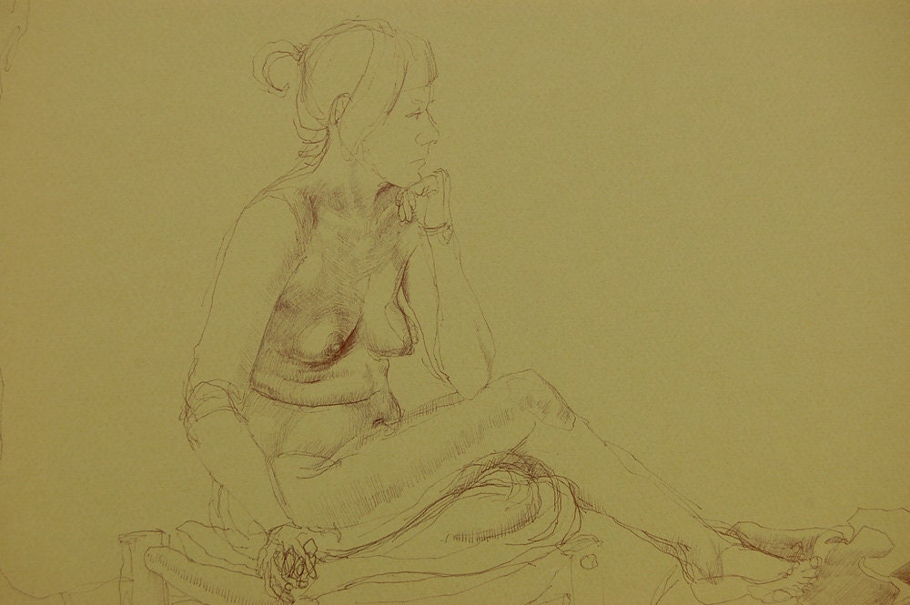 Female Nude Figure drawing on Green paper in pen and ink