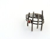 Sterling Silver and Garnet Grid Ring, Size 6.5, Garnet Ring, Silver Ring