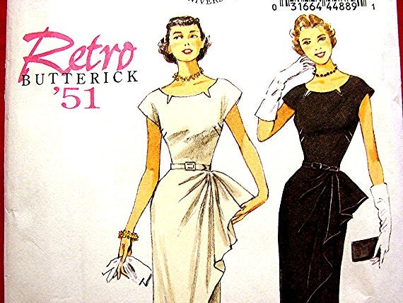 Retro Butterick 1950s Wiggle Dress Pattern with Belt and Side Flounce Ruffle Misses Size 6 8 10 12 14 UNCUT