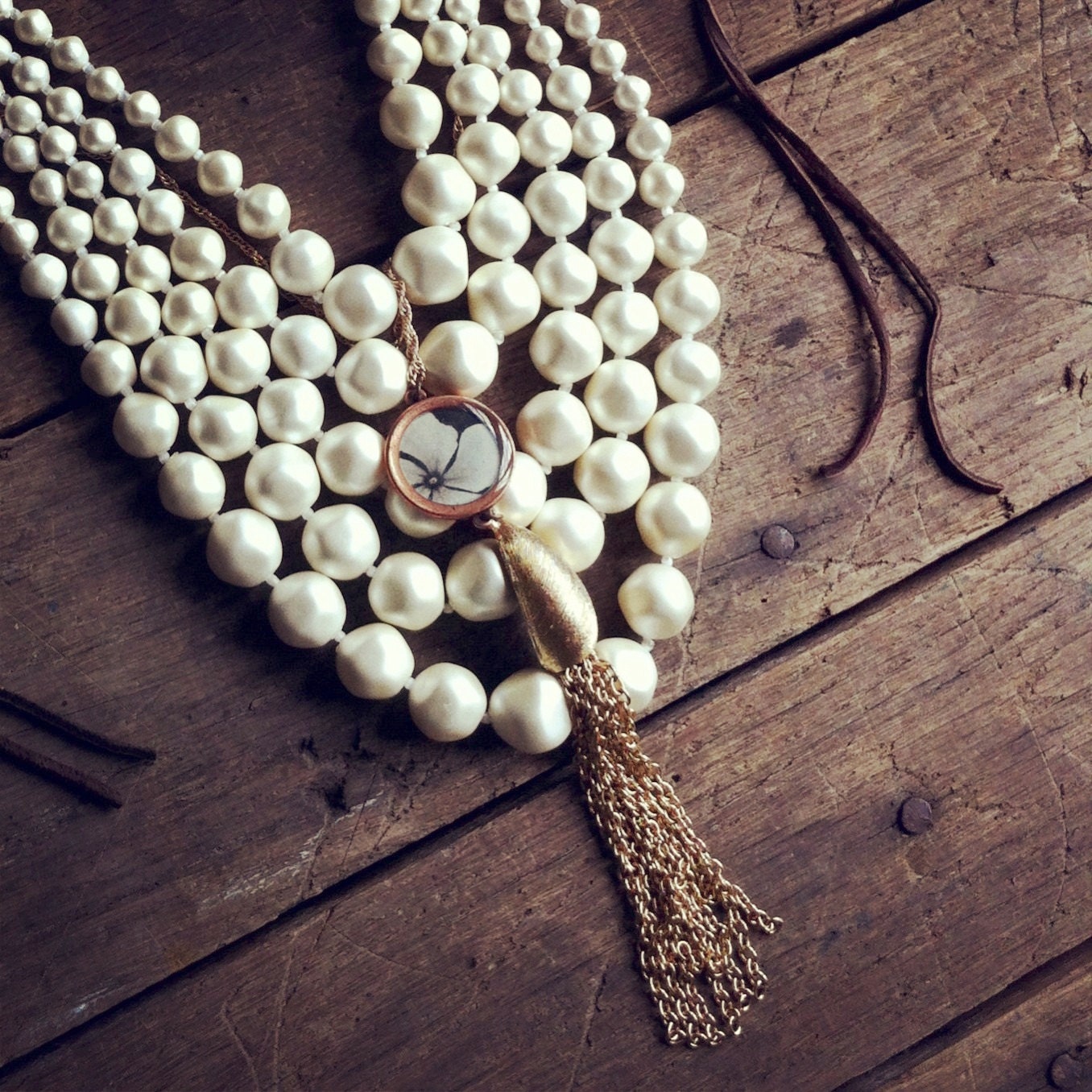 chunky pearly goodness: five strand vintage pearls with vintage floral image pendant vintage tassel multi-strand statement necklace
