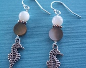Mysterious, Seahorse Earrings, White Mother of Pearl, Black Lip Shell, Sterling Silver, Black and White, Beach, Ocean, Marine, Dangle, Women