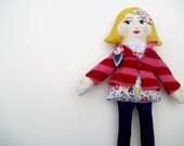 Handmade Cloth Doll, Blond Hair, Red and Blue