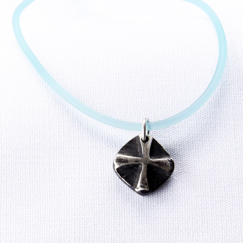 Aged Sterling Rustic Cross with aqua cord