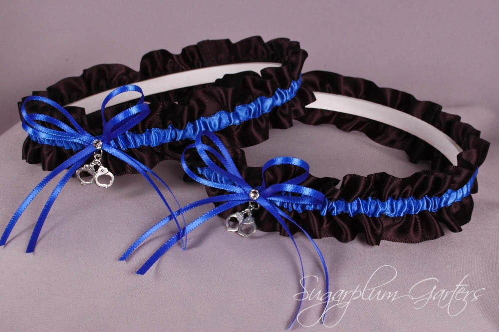 Thin Blue Line Police Officer Wedding Garter Set in Royal Blue and Black Satin with Swarovski Crystals and Handcuff Charms
