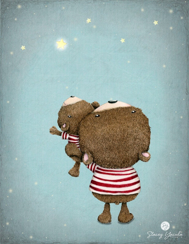 Art  Print, Bear, Brown, Red Stripes, Stars, Illustration, Wishes, Reach For the Stars