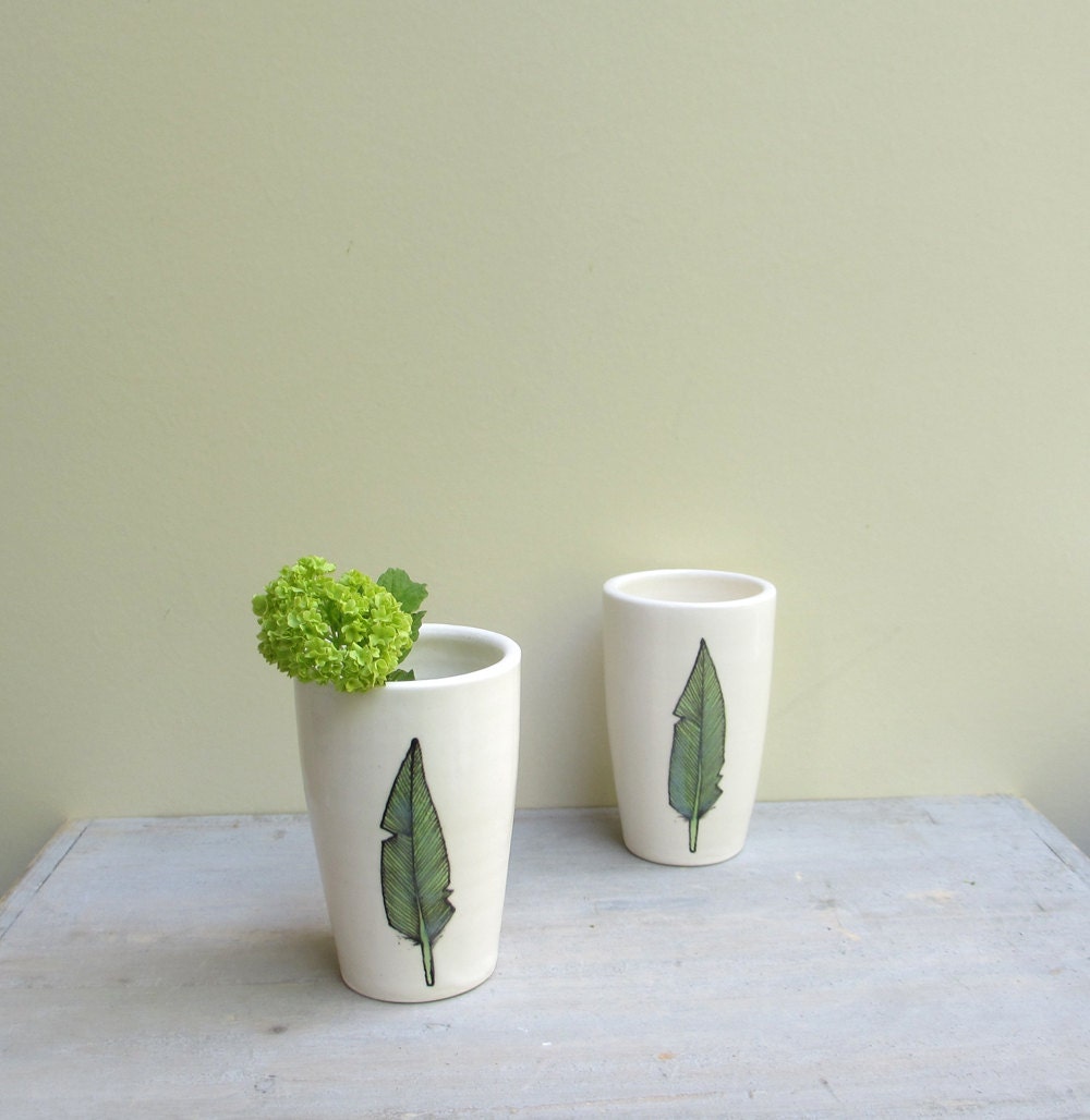 Ceramic bird feather vase, mint green spring feather flower vase gift for her,  Mother's day gift  pottery by catherinereece