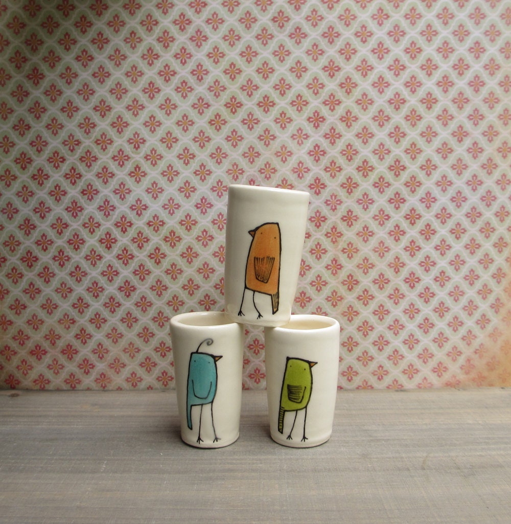 Mini bird vase, ceramic vase, set of three spring bud flower vase