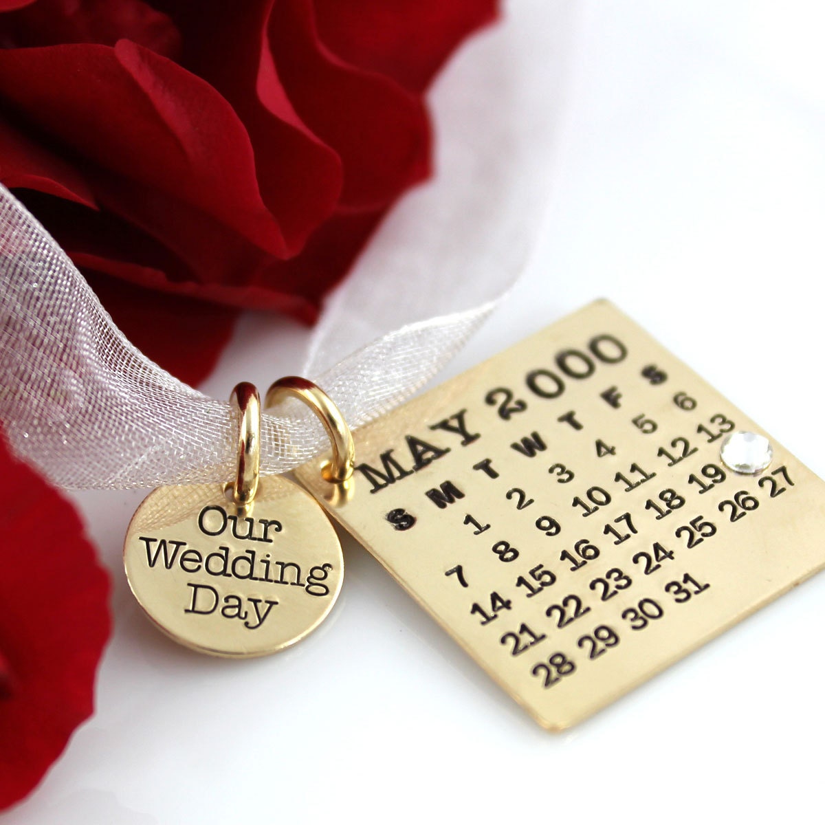 Mark Your Calendar Bouquet Charm with Our Wedding Day Charm -- personalized gold filled calendar necklace / bouquet charm