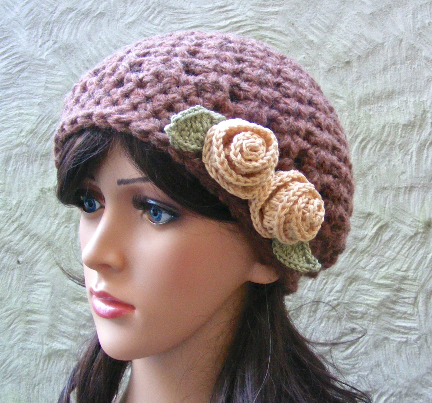 HAT CROCHET PATTERN - Ladies Feminine Slouchy / Beret Hat with Roses - Chunky Yarn - Quick and Easy Winter Hat Pattern