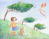 O wind, a-blowing all day long:  Nursery Art Print - Children's Art - Girls - Home Decor- kites - wind - 8 X 10